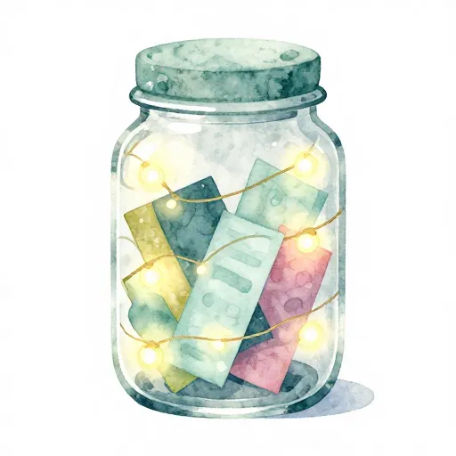A decorative jar filled with colorful notes.