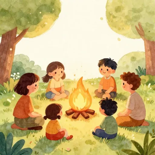 A family sharing stories by a fire.