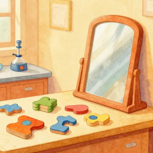 A cozy 1970s research room with puzzles