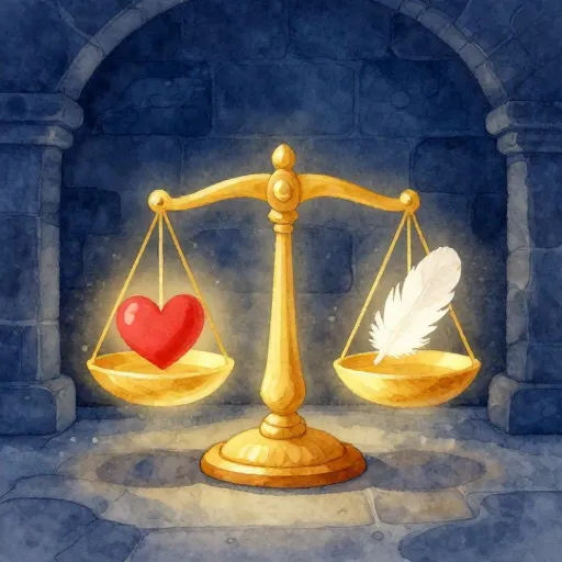 A golden scale balancing a heart and a feather.
