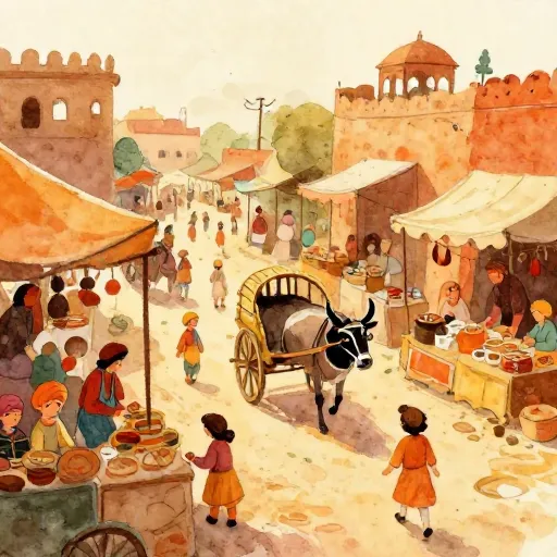 A vibrant watercolor painting of an ancient Indian marketplace.