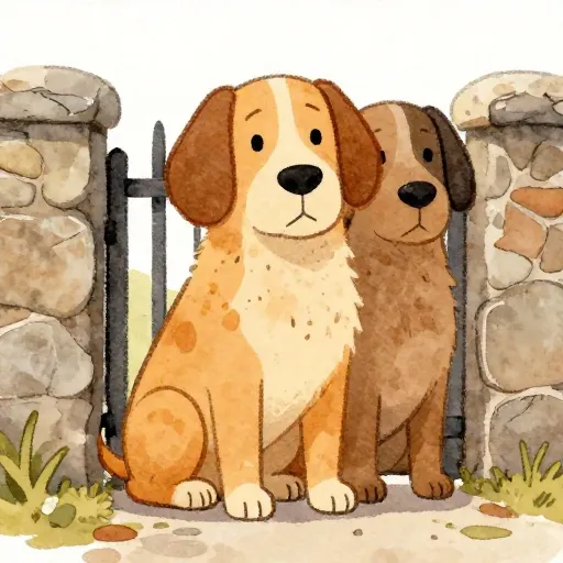 A three-headed dog with spots sitting by a stone archway.