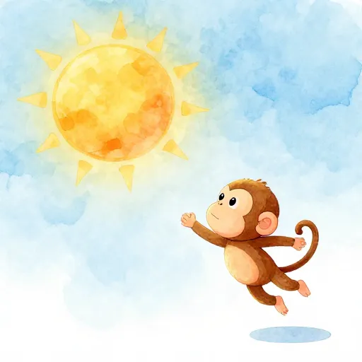 A watercolor illustration of a small monkey leaping toward the sun.