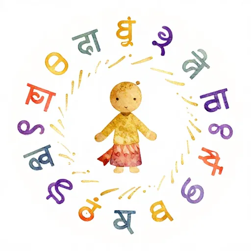 Watercolor illustration of symbols representing the many names of Hanuman.