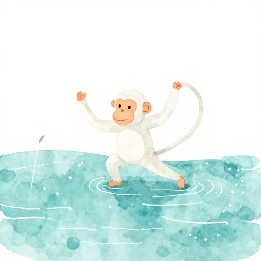 Watercolor illustration of a white monkey using his tail as a bridge.