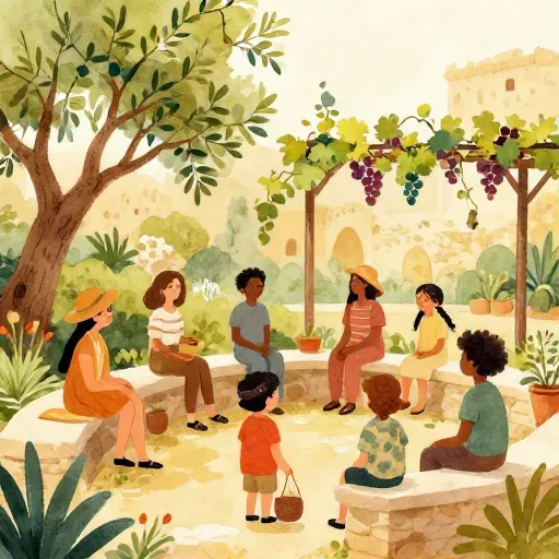 Des personnes parlant et riant dans un jardin grec antique.