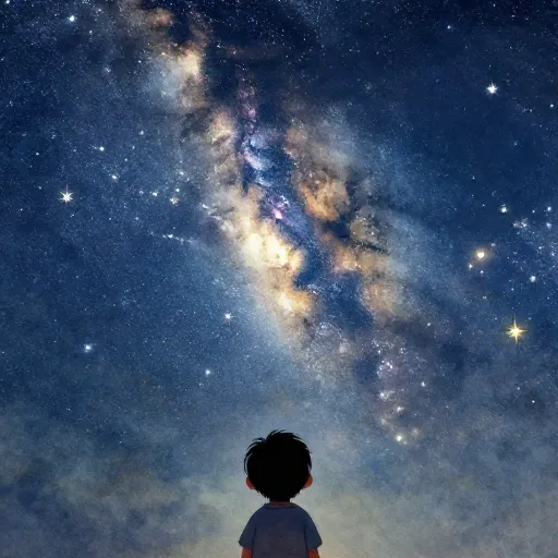 A child gazing at a brilliant starry night sky.