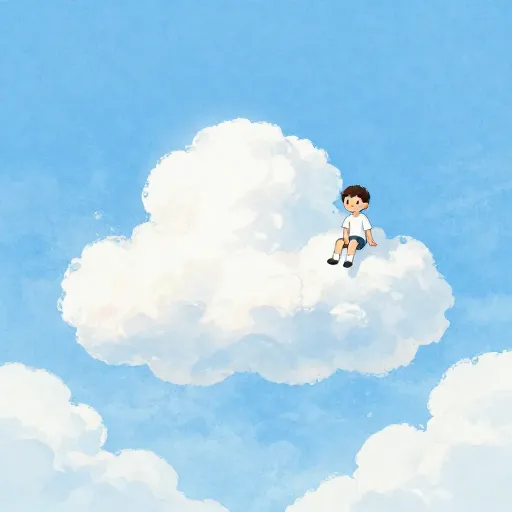 An illustration of a person sitting on a tall fluffy cloud.