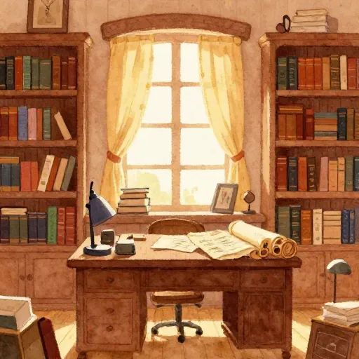 A cozy, messy 19th-century study filled with books and papers.