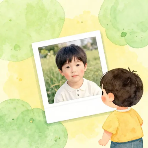 A child comparing a photo of themselves as a toddler to their current self.