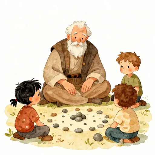 Heraclitus playing a game with children on the temple steps.