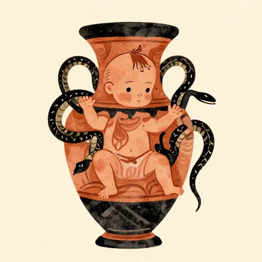 A baby Hercules holding two snakes in a Greek pottery style.