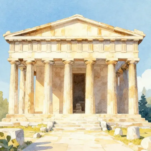 An ancient Greek temple with sunlight streaming through columns.
