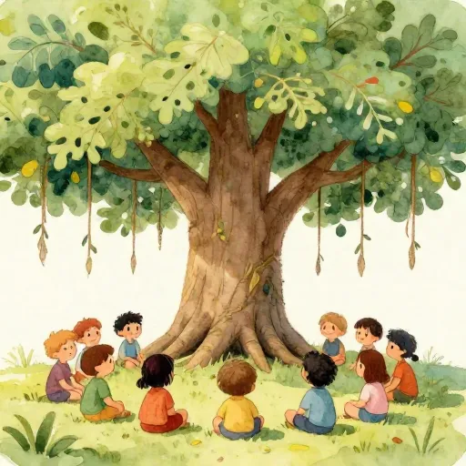 Children sitting under a large Banyan tree in ancient India.