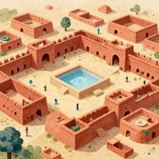 A watercolor painting of an ancient brick city in the Indus Valley.