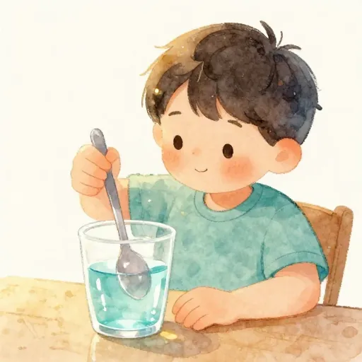 An illustration of a glass of water being stirred with a spoon.