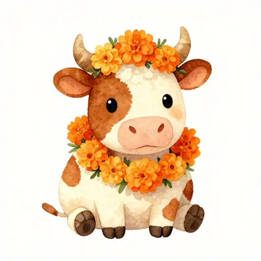 A peaceful cow wearing a flower garland.