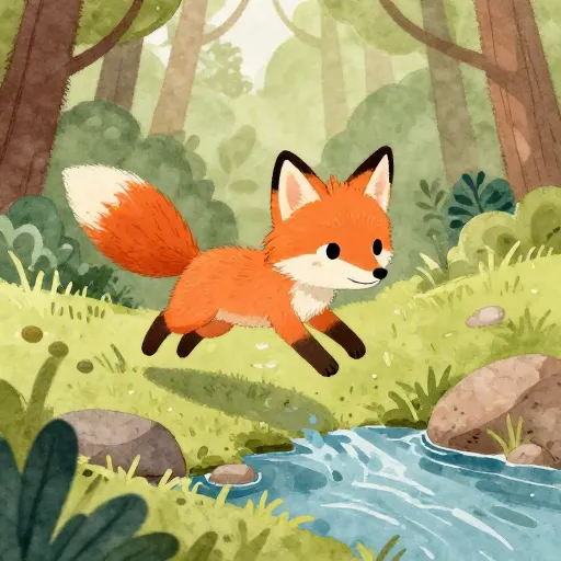 A fox jumping across a stream