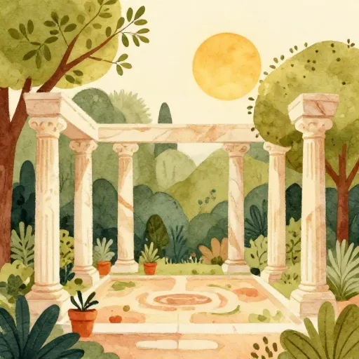 Un jardin grec antique ensoleillé avec des arbres et des colonnes de marbre.