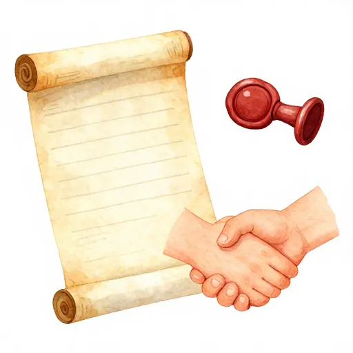 Un rouleau ancien avec un sceau de cire représentant un contrat d'amitié.