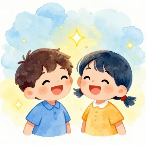 Deux enfants riant ensemble avec des étincelles dorées symboliques autour d'eux.