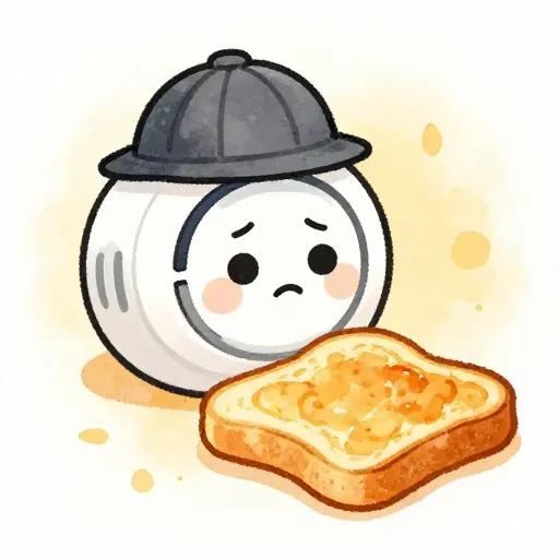 Un détecteur de fumée en dessin animé regardant une tranche de pain grillé.
