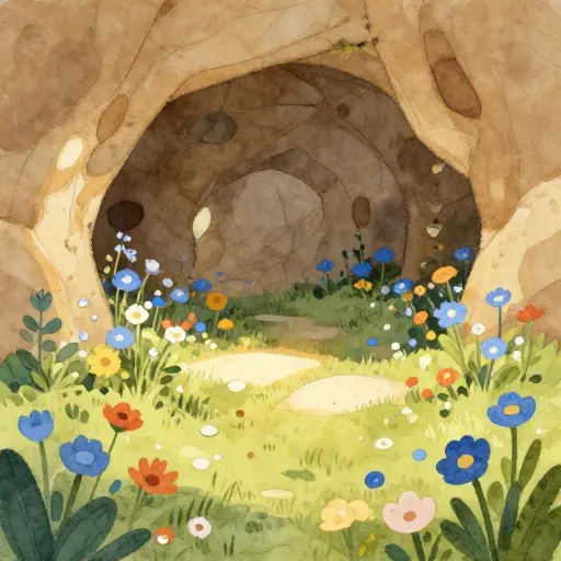 Une illustration de fleurs sauvages sur le sol d'une grotte ancienne.