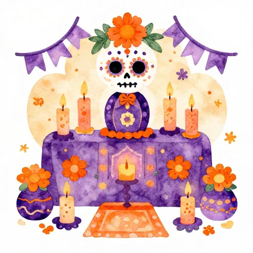 Une illustration d'un autel coloré du Jour des Morts.