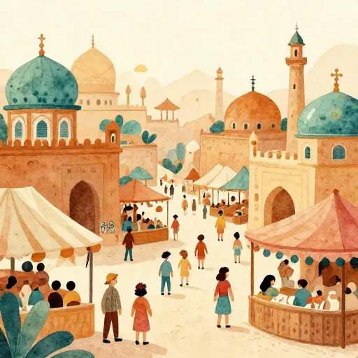 Une illustration d'un marché ancien et diversifié avec divers bâtiments religieux.