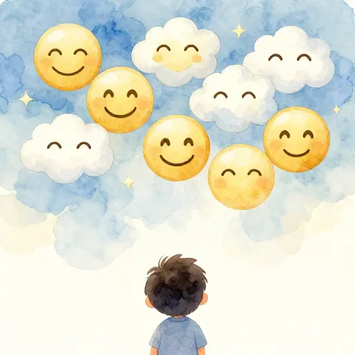 Un enfant regardant des nuages qui ont la forme de différentes émotions.