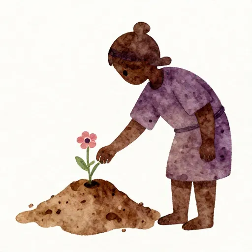 An illustration of an ancient burial with a flower.