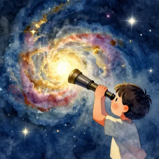 A child looking at a galaxy through a telescope.