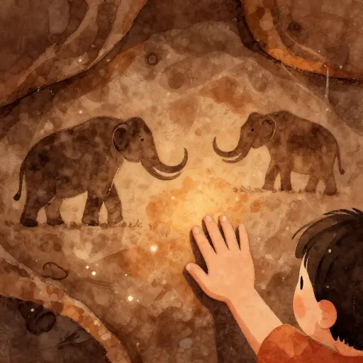 A child's hand touching ancient cave paintings of mammoths.
