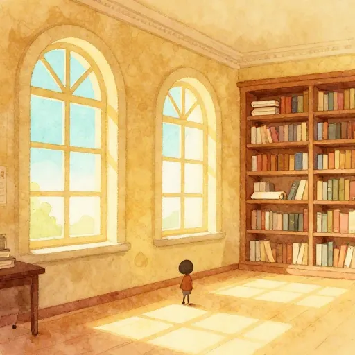 The interior of an ancient library filled with scrolls and soft sunlight.