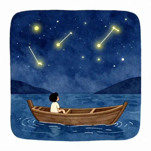 An illustration of a navigator using the stars to guide a boat at night.