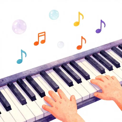 Colorful musical notes rising from a piano.