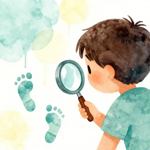 A child detective following wet footprints.