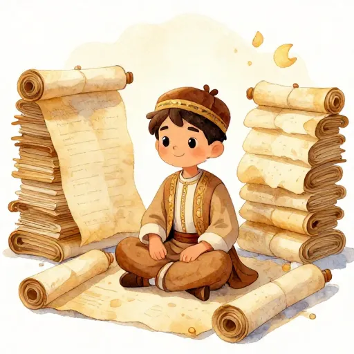 A young boy sitting among many scrolls of books.