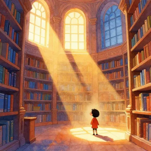 An ancient library with sunlight and scrolls.