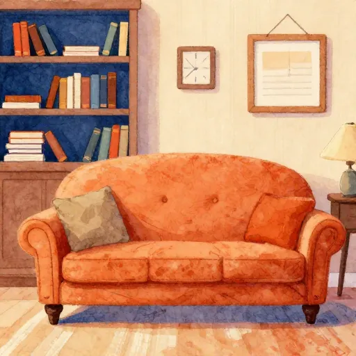 Une illustration confortable d'un bureau de médecin vintage avec un canapé en velours et des livres.