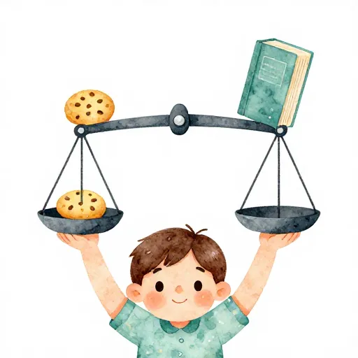 Une illustration d'un enfant équilibrant différents choix.