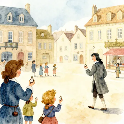 People in an old city setting their watches as Immanuel Kant walks past them.