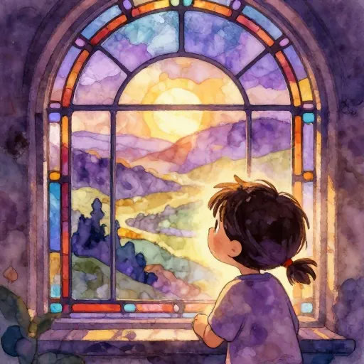 A child peering through a colorful window, representing the limits of human perception.