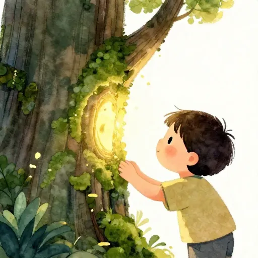 A child observing glowing moss on a tree.