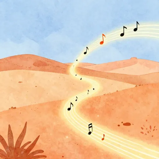 Musical notes forming a path over a desert.
