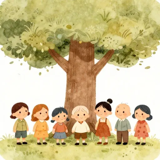Seven figures representing generations under a tree.