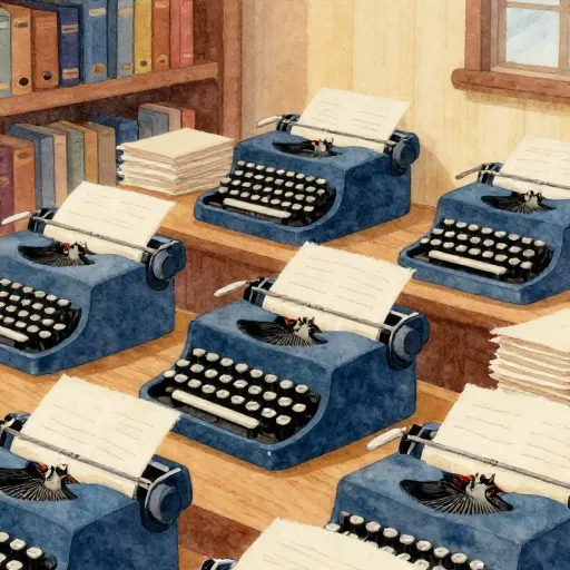 A cozy library filled with typewriters and stacks of paper