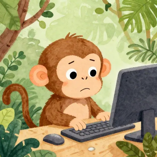 A monkey looking curiously at a computer keyboard in a jungle setting