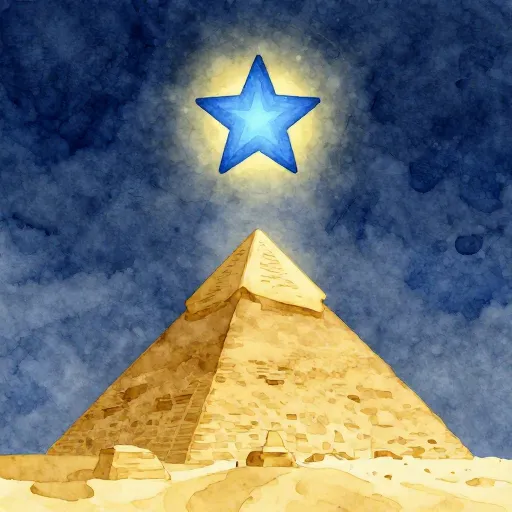 A bright star shining over a pyramid at night.