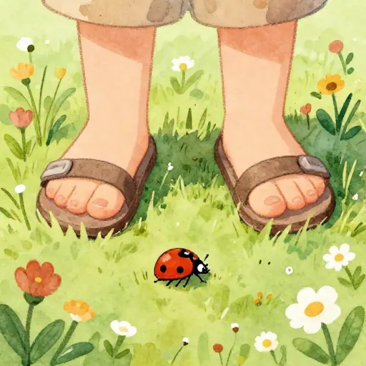 Illustration of someone stepping carefully to avoid hurting a small insect.